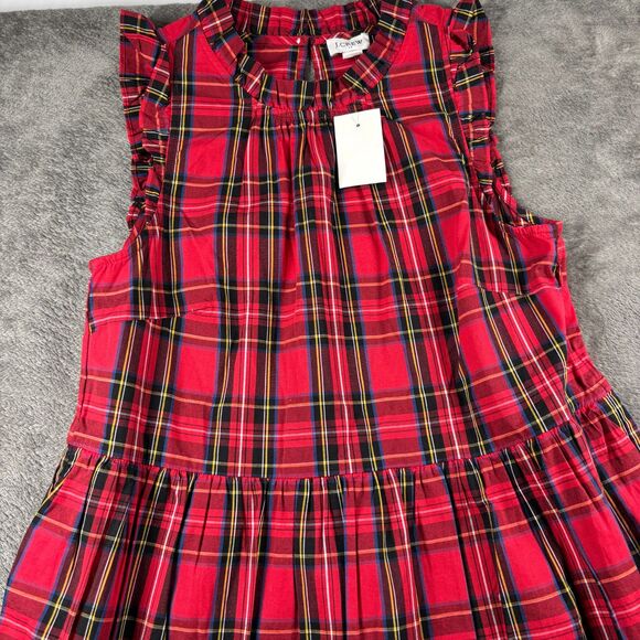J. Crew NWT Tartan Plaid Midi Dress Ruffled Tiered Pockets Preppy Red Sz 0 I102 - Picture 3 of 14